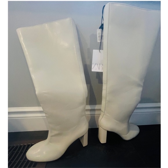 ZARA Off White Cream Knee High Heeled Leather Boots - Picture 7 of 16